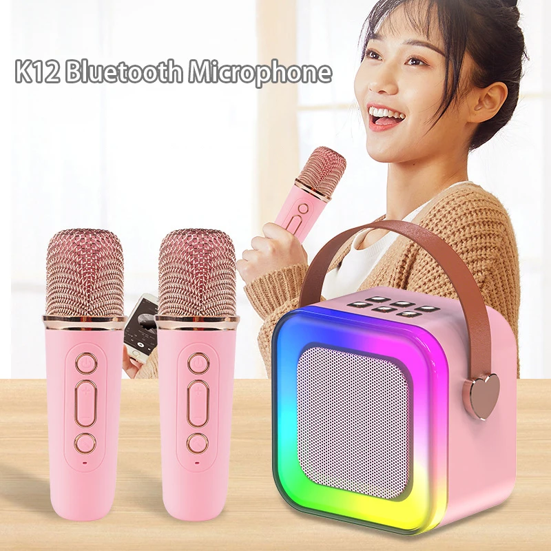 New K12 Bluetooth Karaoke Machine Portable 5.3 PA Speaker System With 2 Wireless Microphones Home Family Singing Toys Kids Gifts