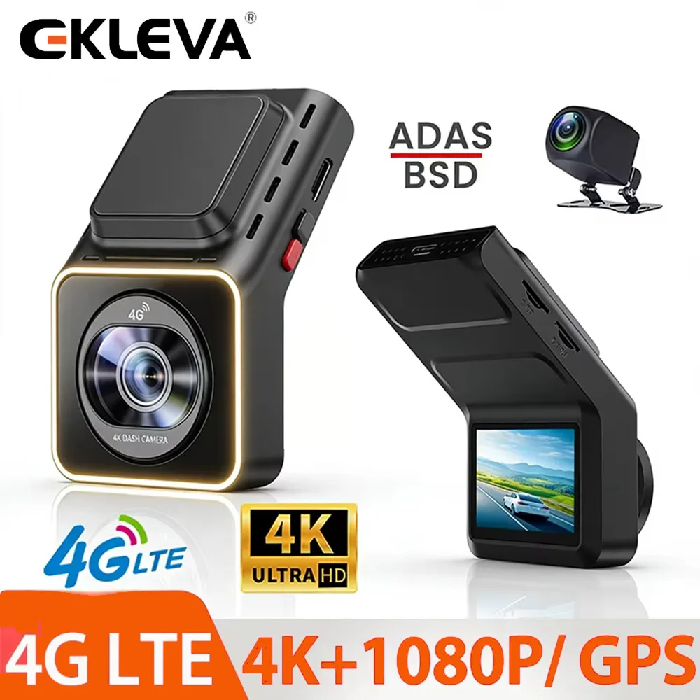 Câmera Veicular EKLEVA 4G LTE +4K com DVR Frontal e Traseiro, Monitoramento ADAS, Visualização Remota ao Vivo, Detecção de Ponto Cego, Câmera de Estacionamento 24H
