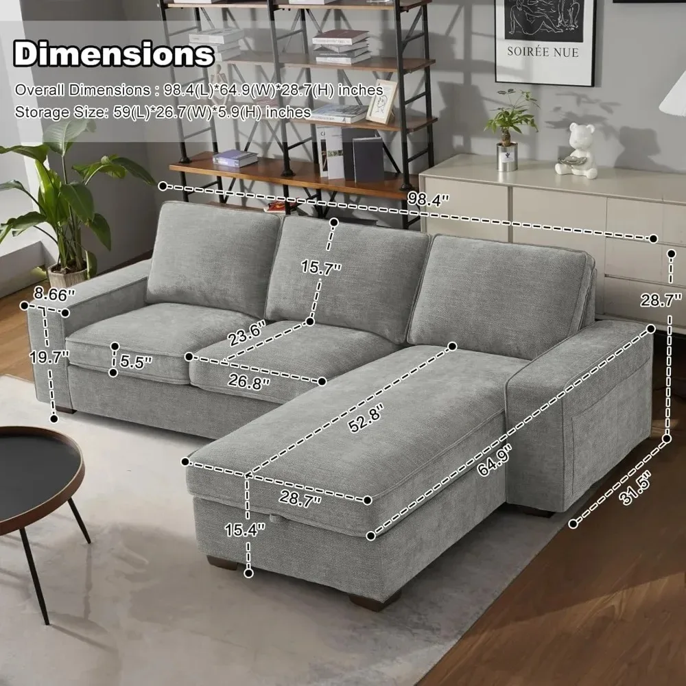 99” L-Shape Convertible Sectional Couches Sofas with 190L Storage Chaise Sofas with Removable Cushion