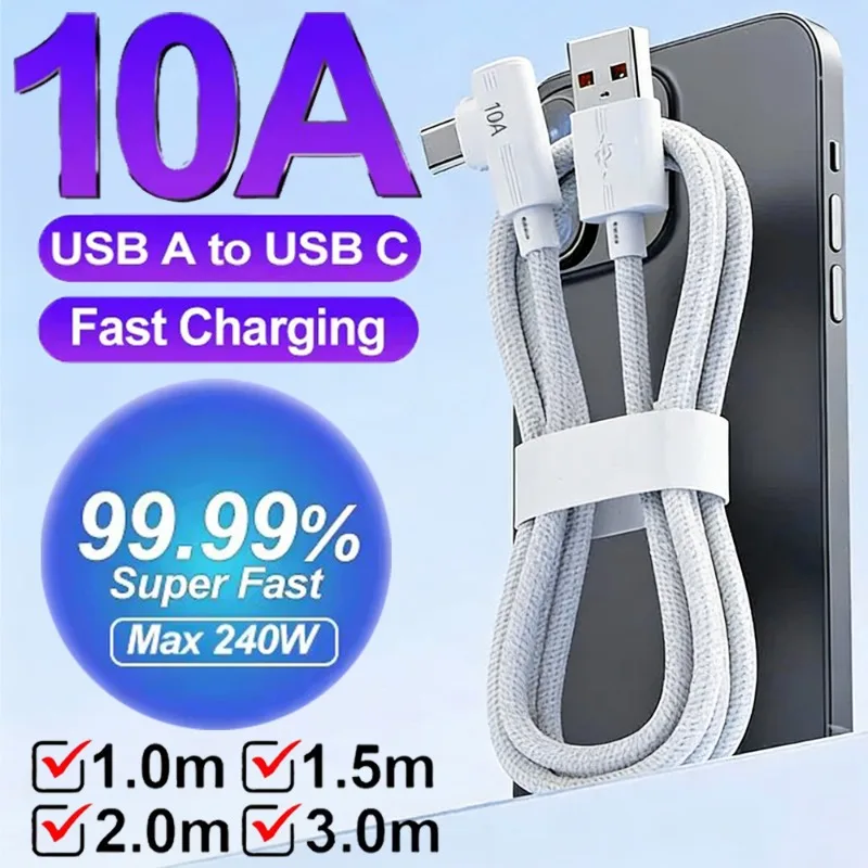 10A USB Type C Cable 90° Elbow Gaming Data Cord Nylon Braided USB-C High-speed Quick Charging Wire for Samsung Xiaomi iPhone