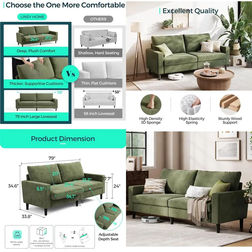 

Зеленый вельветовый диван-софа для небольших помещений: 79 дюймов, регулируемая глубина, массив дерева, съемный чехол