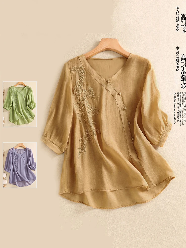 Retro V-Ne bordado algodón Lino irt ligero verano Casual suelta ajuste talla grande mujer Faion artístico Top