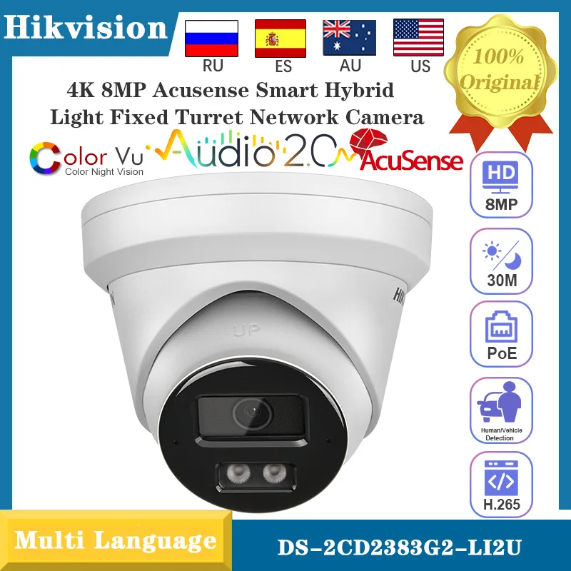 

Hikvision DS-2CD2383G2-LI2U 4K 8MP POE Smart Hybrid Light Fixed Turret Network IP Camera Built-in Dual-MIC Surveillance Acusense