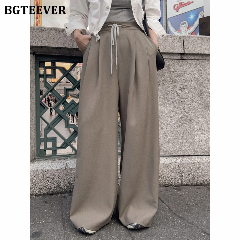 

BGTEEVER Stylish Lace-up Women Floor-Length Wide Leg Trousers Summer Casual Loose High Waist Ladies Pockets Straight Suit Pants