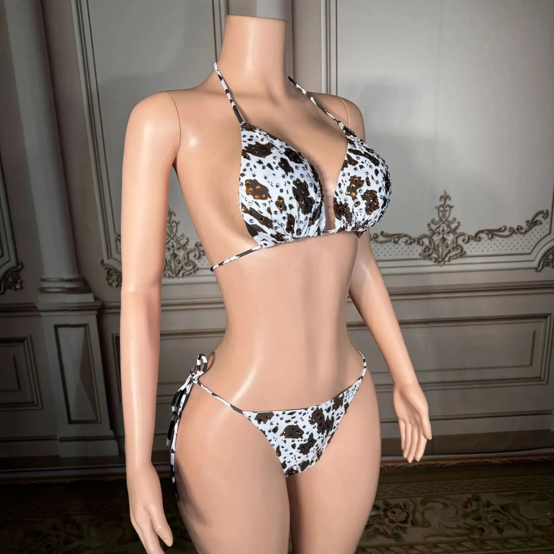 New Animal Print Rhinestone Backless Lace-up Split 2 Piece Set Bikini Sexy Hot Girl Holiday Large Size
