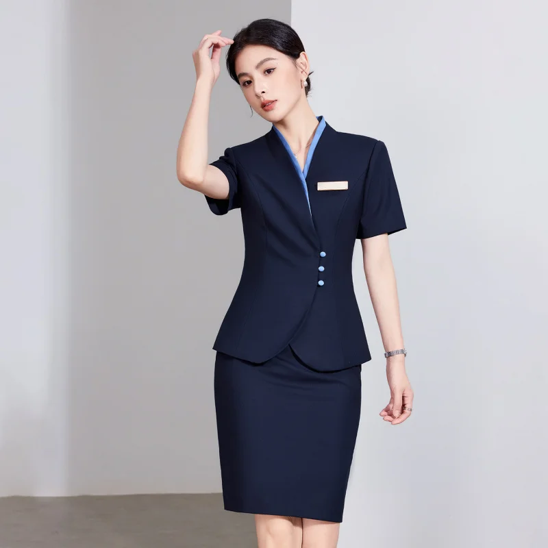 Hotel receptionist, flight attendant, customer service, front desk, summer short-sleeved professional suit, women's skirt and pa