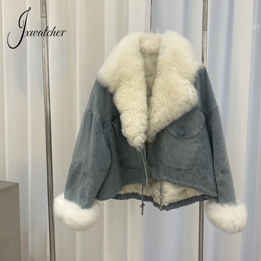 Jxwatcher Women's Down Jacket Real Lamb Fur Turn-Down Collar Down Coat Lady Winter Warm Denim Jacket with Down Liner New Arrival