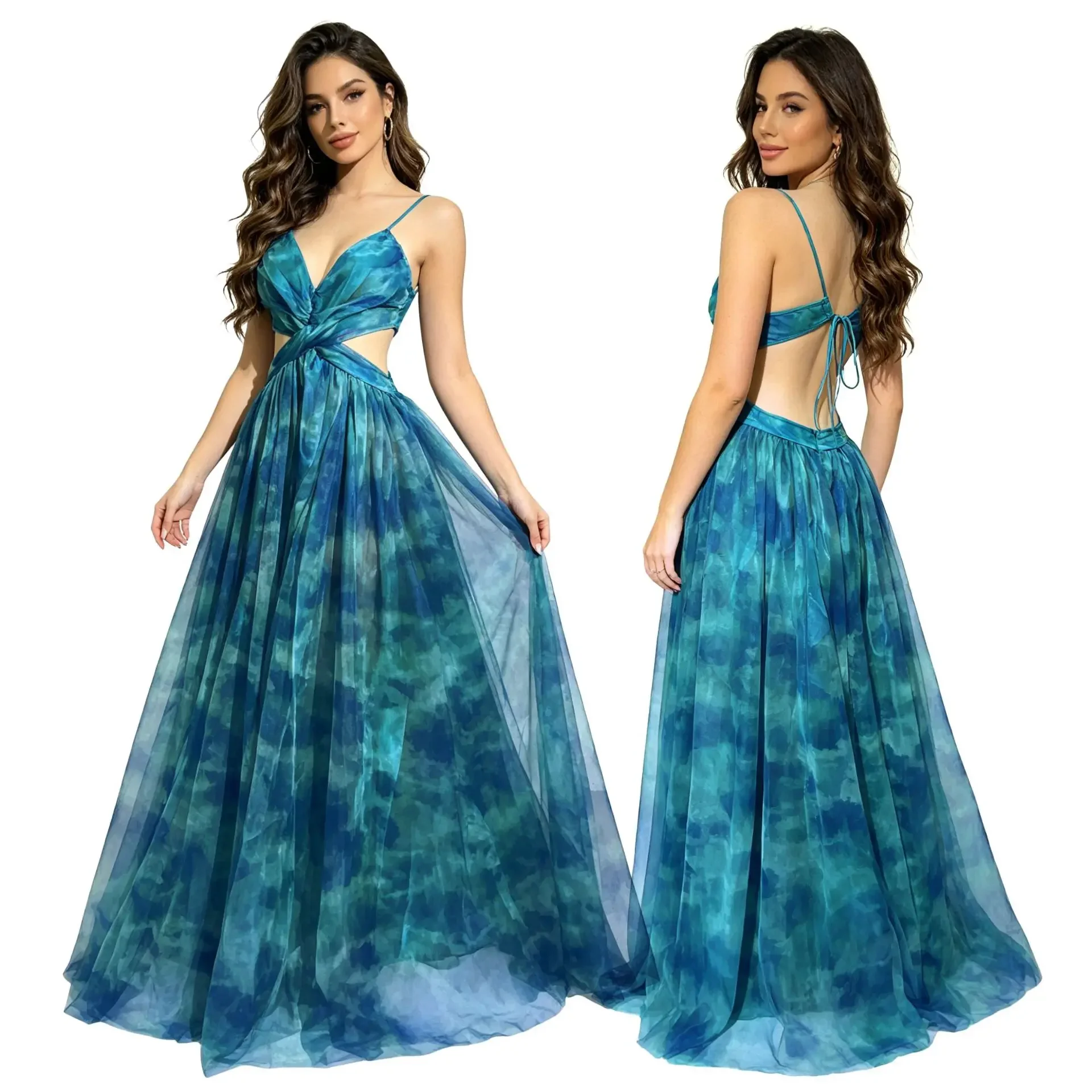 New Women's Tie-Dye Gradient Chiffon Long Evening Dress with Thin Straps, V-Neck, Hollow-Out, Waist-Cinching, Suitable for Banqu