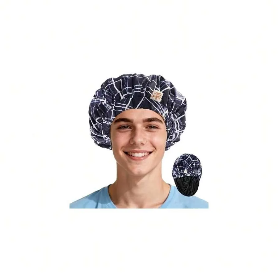 

Shower Cap For Men Waterproof Reusable - Fashion Dual-Layer Design, Adjustable Elastic Band For Long and Curly Hair, XL Bath an