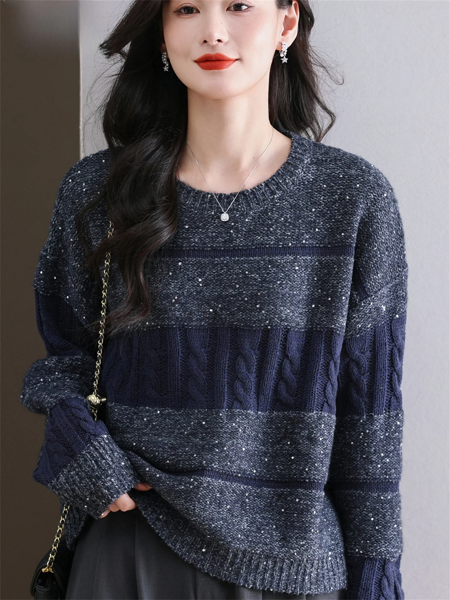 

Slimming Effect Woolen Base irt Loose Fit round Ne Inner Wear Contrast Color Striped Design Faionable Autumn Winter Mom...