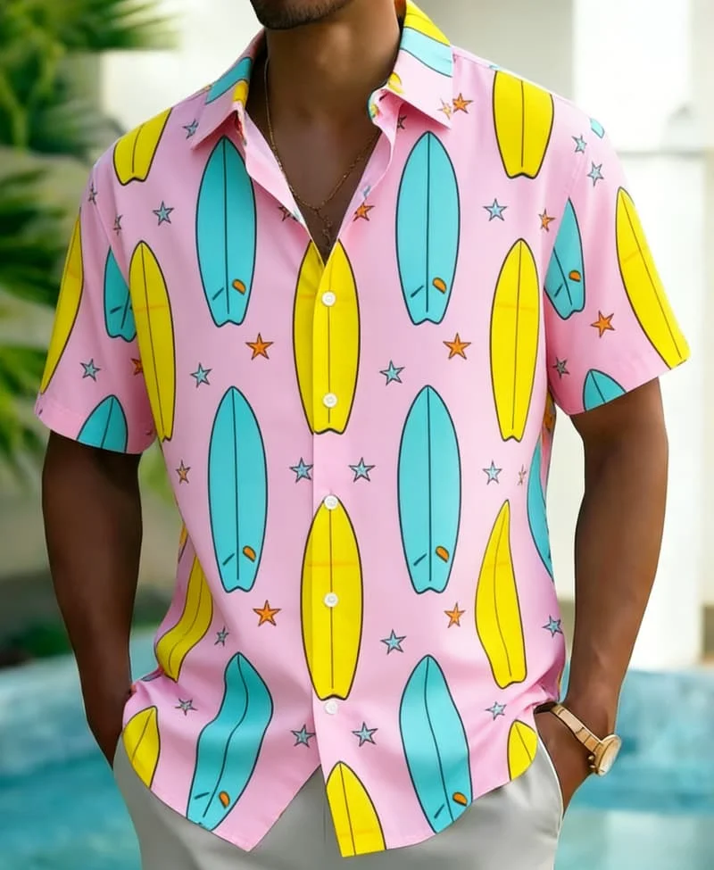 Men's Playful Island Element Print Shirt, Trendy Casual Wear for Summer, Beach Trips, Daily Outings & Street Fashion
