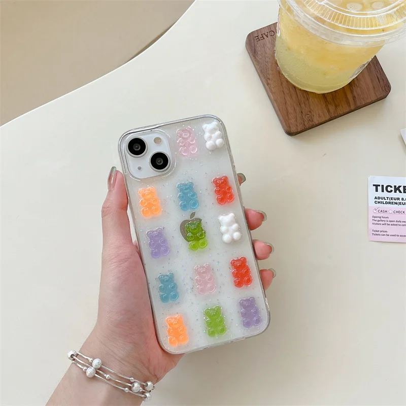 Cute 3D Colorful Bear Drop Glue Phone Case for iPhone 16 15 14 13 12mini 11 Pro Max XS X XR 7 8 Plus Shockproof Protective Cover