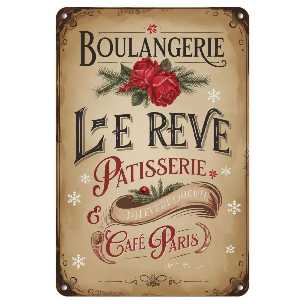Plaque murale en métal vintage « Le Rêve » pour boulangerie - Plaque décorative en fer forgé avec roses rouges, rubans, polyvalente