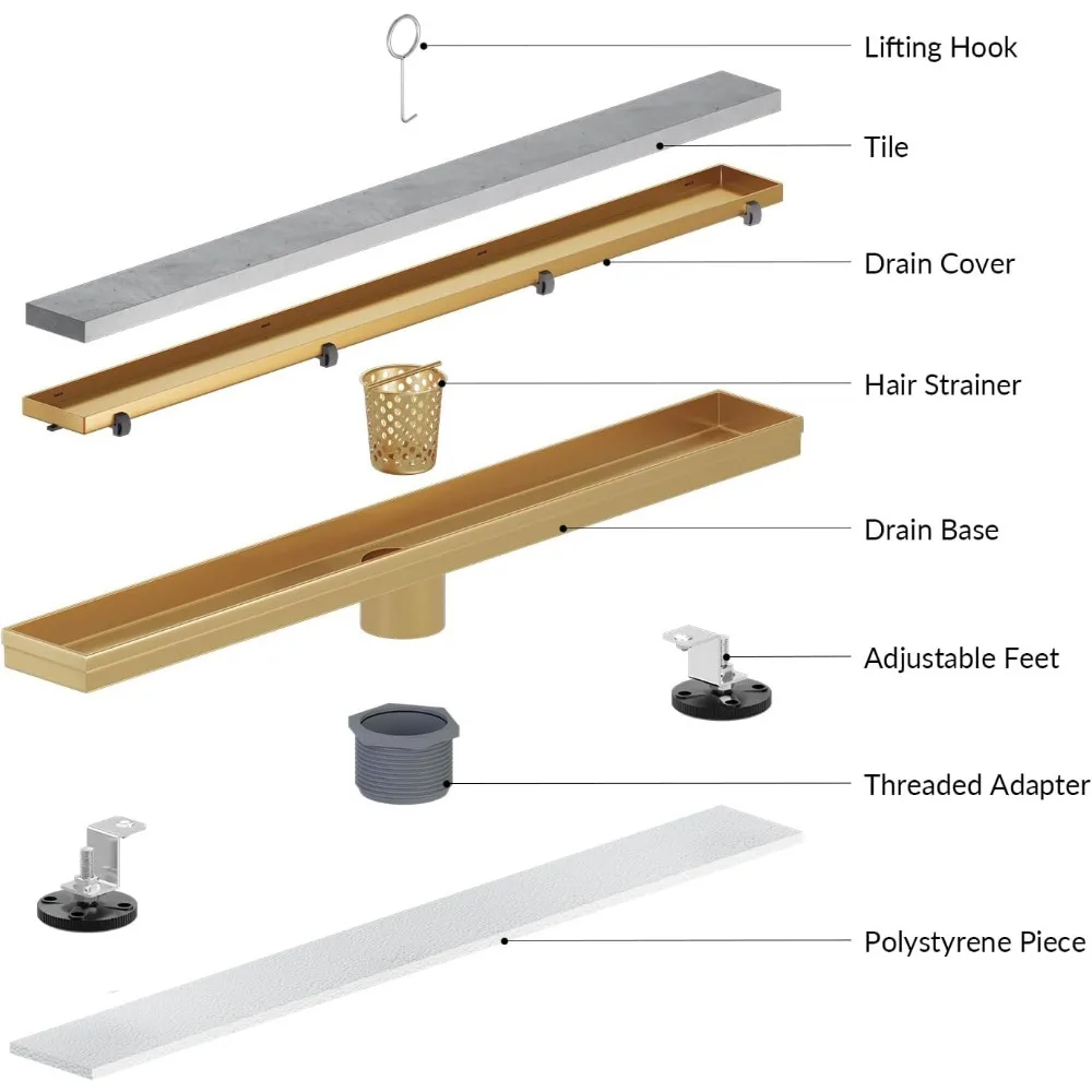 Scarico per doccia lineare da 24 pollici in acciaio inossidabile con copertura piatta e per piastrelle color oro champagne, design reversibile per pavimento senza soluzione di continuità