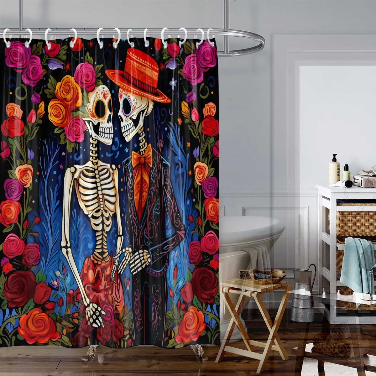 1 Pc Day Of The Dead Skeleton Flowers Shower Curtain With Hooks Machine Washable For Shower Partition And Privacy Protection