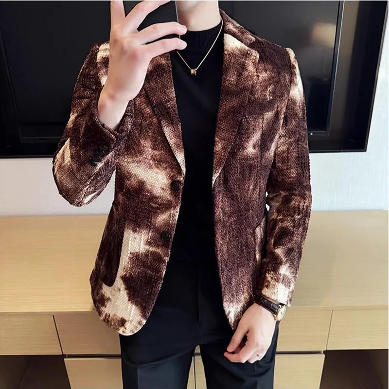 Hoge Kwaliteit Tie Dye Chenille Mannen Mode Casual Jasje Herfst Winter Nieuwe Koreaanse Slim Fit Sociale Trouwpak Blazer