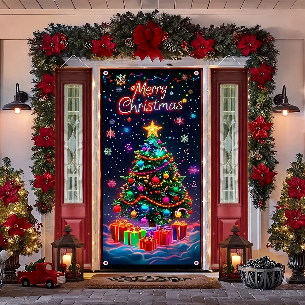 لافتة باب بوليستر شجرة عيد الميلاد المسطحة 2D - الخيار المثالي لاحتفالات المهرجانات والحفلات الموسمية