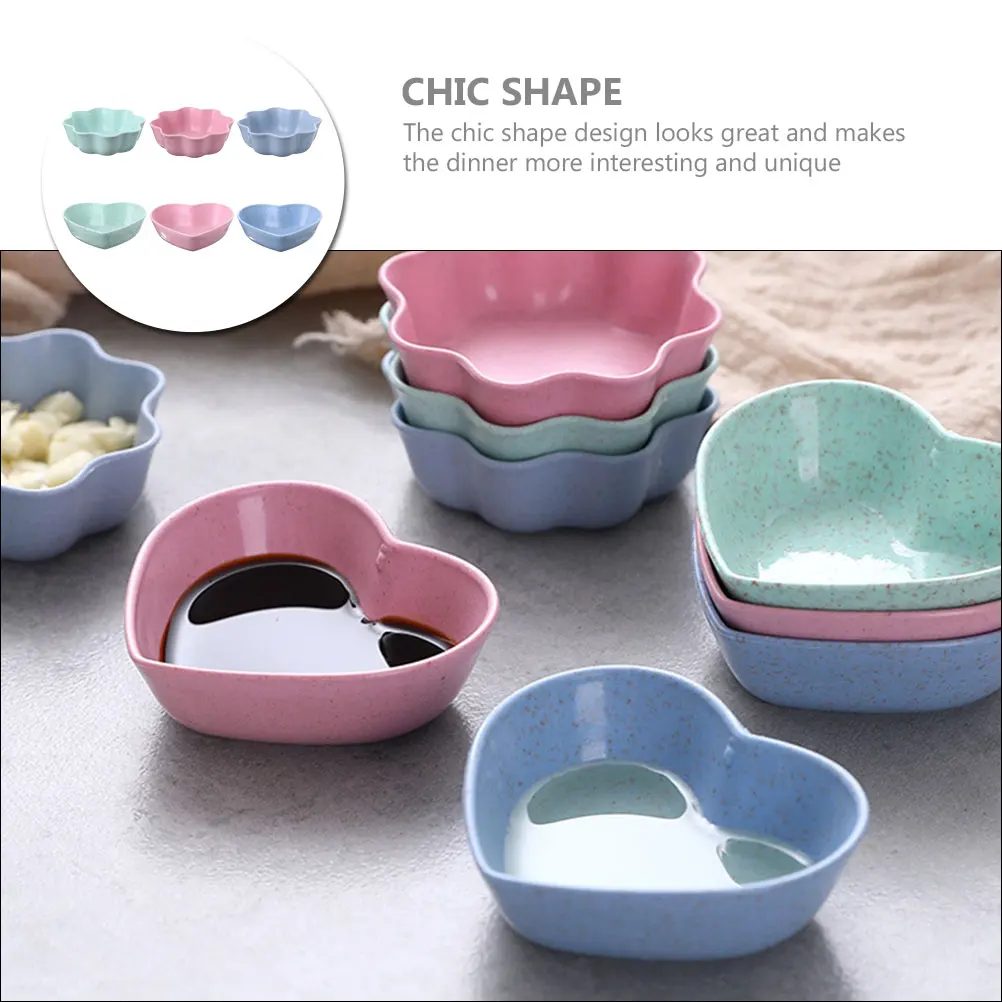 

6Pcs Soy Sauce Dishes Wheat Straw Heart Flower Shape Seasoning Plates for Party Home Kitchen Dipping Bowls Mini Sauce