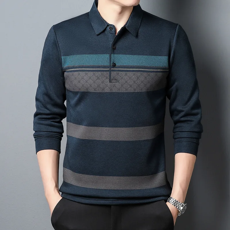 2023 New Men\'s Autumn Clothes Top Long-sleeved T-shirt Fashion Casual Men\'s Loose Striped Polo Shirt