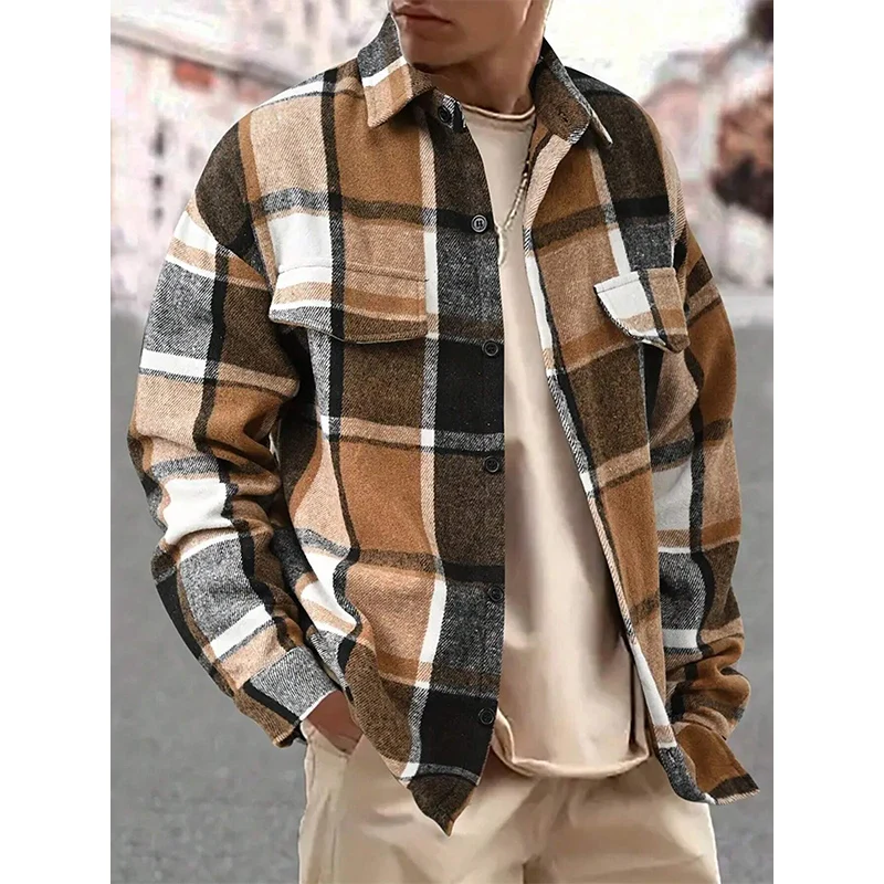 Men Autumn Thicken Woolen Shirt Jacket Casual Versatile Single Breasted Plaid Shirts Classic England Loose Lapel Man's Shirts