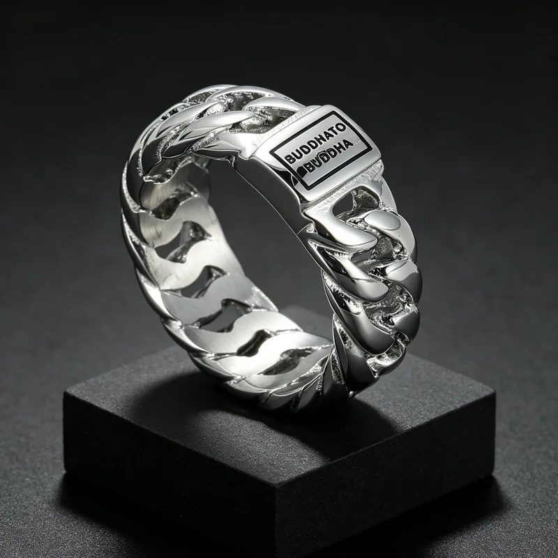 KALEN 8mm Edelstahl Cuban Link Ring für Männer Vintage Gravierter Ring Männlicher Fingerring Biker Party Schmuck Geschenk – Detail 5