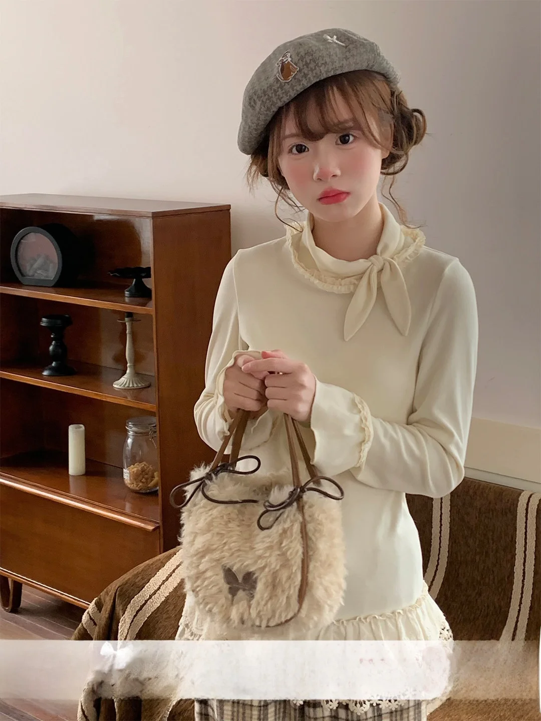 

Sinsingirl Creamy Rabbit Ear Long Sleeve T-Shirt Bow Tie Lace Trim Beige Spring Sweet Style under Shirt for Women