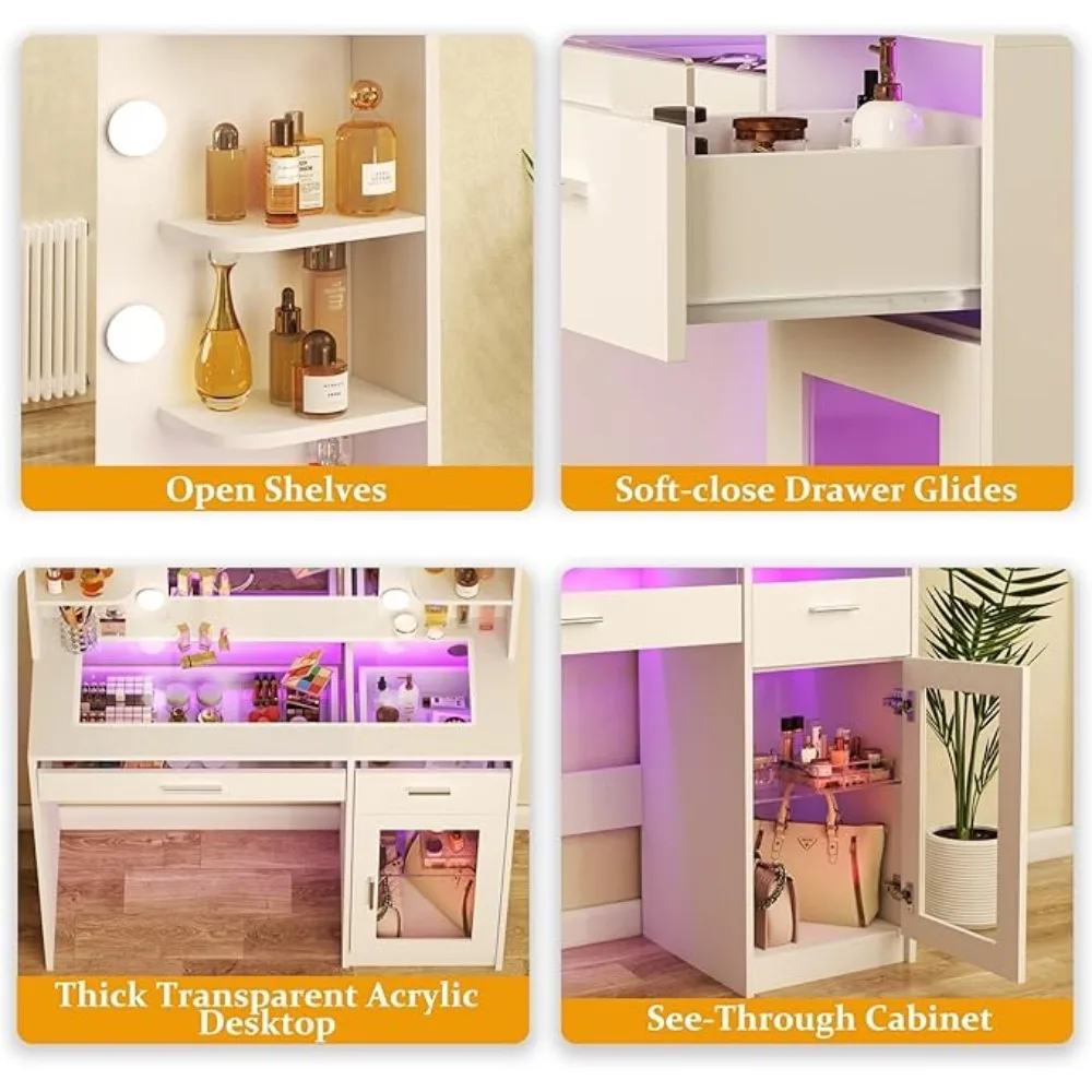 Meja Rias dengan Cermin dan Lampu Meja Rias Rias dengan Lampu 3 Warna Meja Rias Atas Transparan dengan 2 Laci RGB