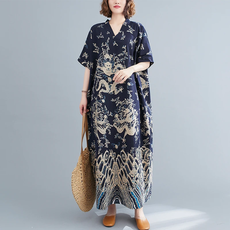 Vestido Midi de lino y aodón de talla ande con cuello en V por encima de la rodilla, vestido estampado hoado para mujer...