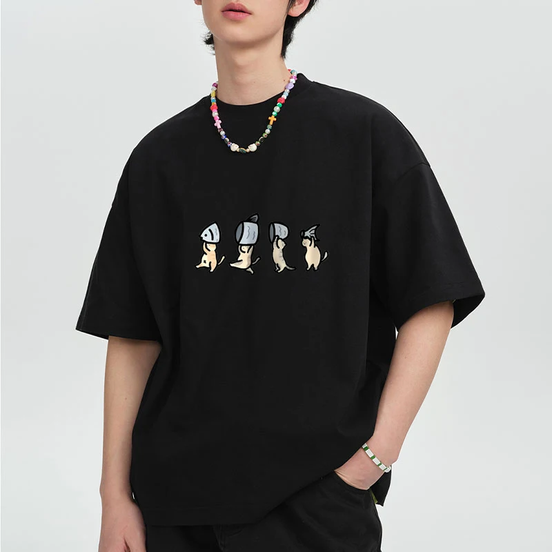 

Four Little Cats Holding Fish Cartoons printed short sleeve T-shirts Men Women O-Neck vintage Cotton T shirt Oversized Tops