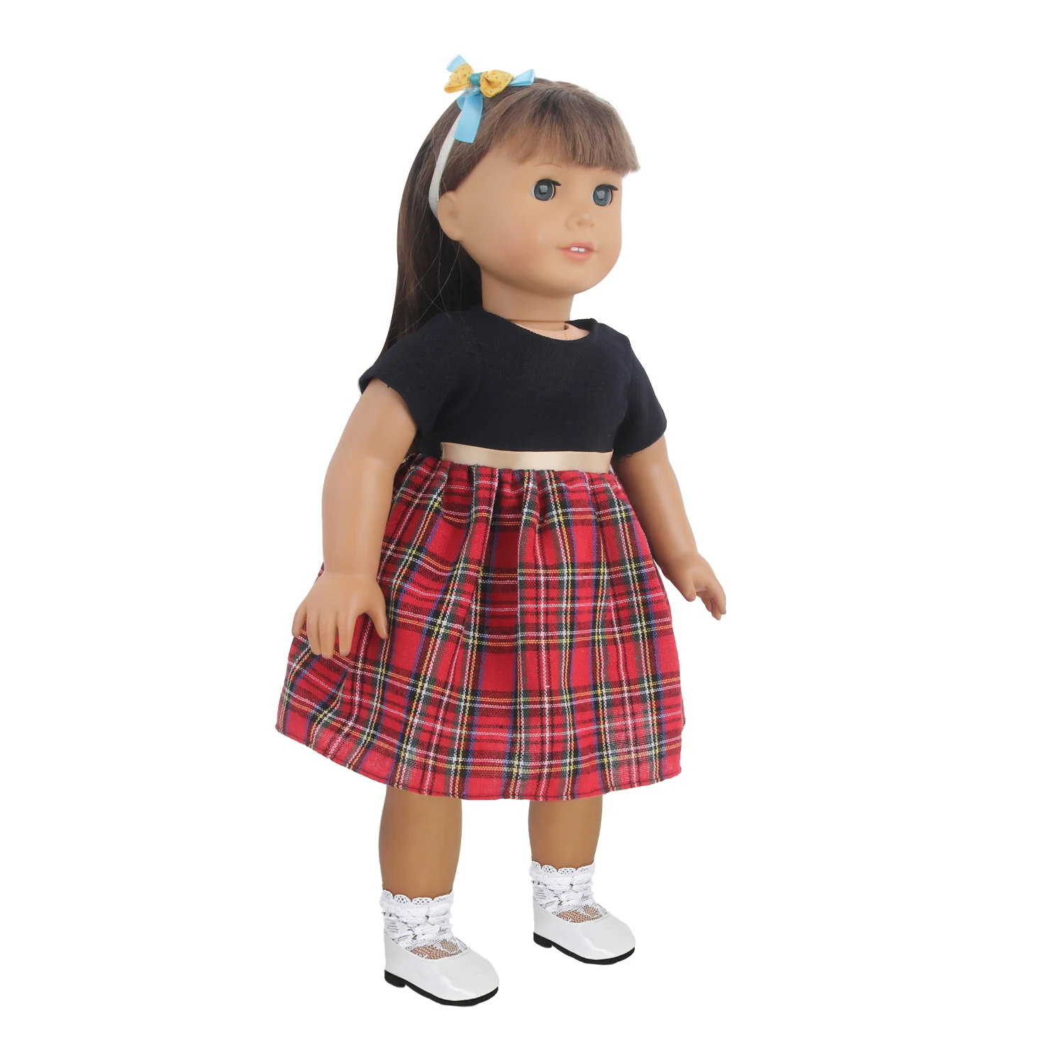 Conjunto de vestido de muñeca para muñecas americanas de 18 pulgadas, falda escocesa a cuadros (vestido, calcetines y diadema), para muñecas recién nacidas de 43cm