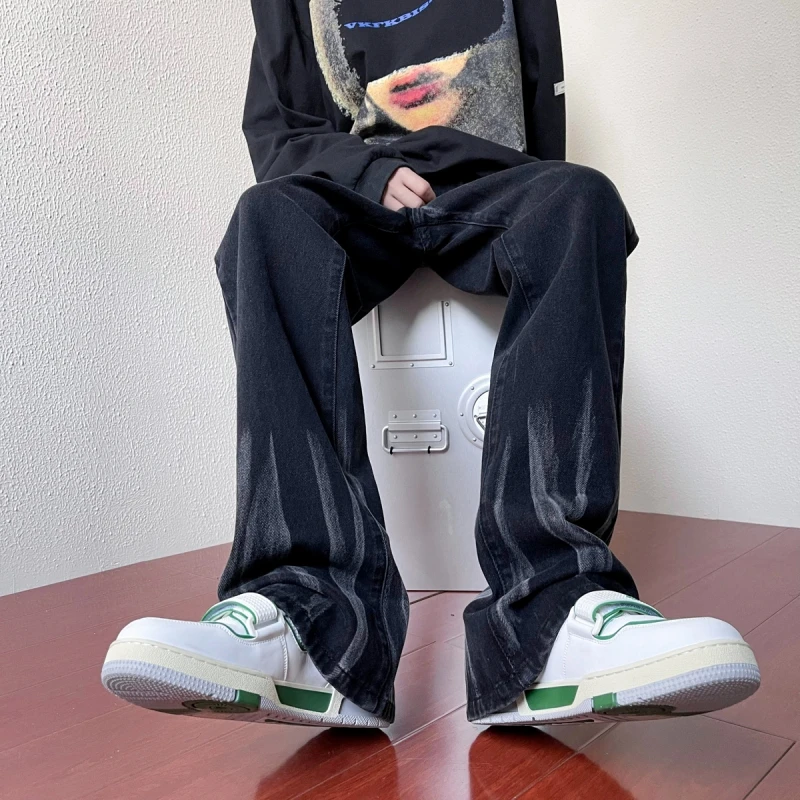 CUMUKKIYP Men's American Vibe Zipped Black Jeans with Split Wash and Straight Bell-bottomed Pants