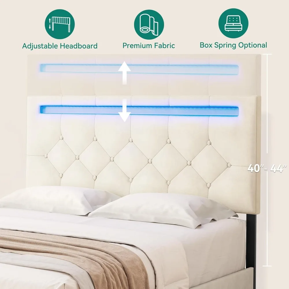 Bed Frame Large, LED Bed Frame, with 4 Storage Drawers, Adjustable Cushioned Headboard Platform Bed