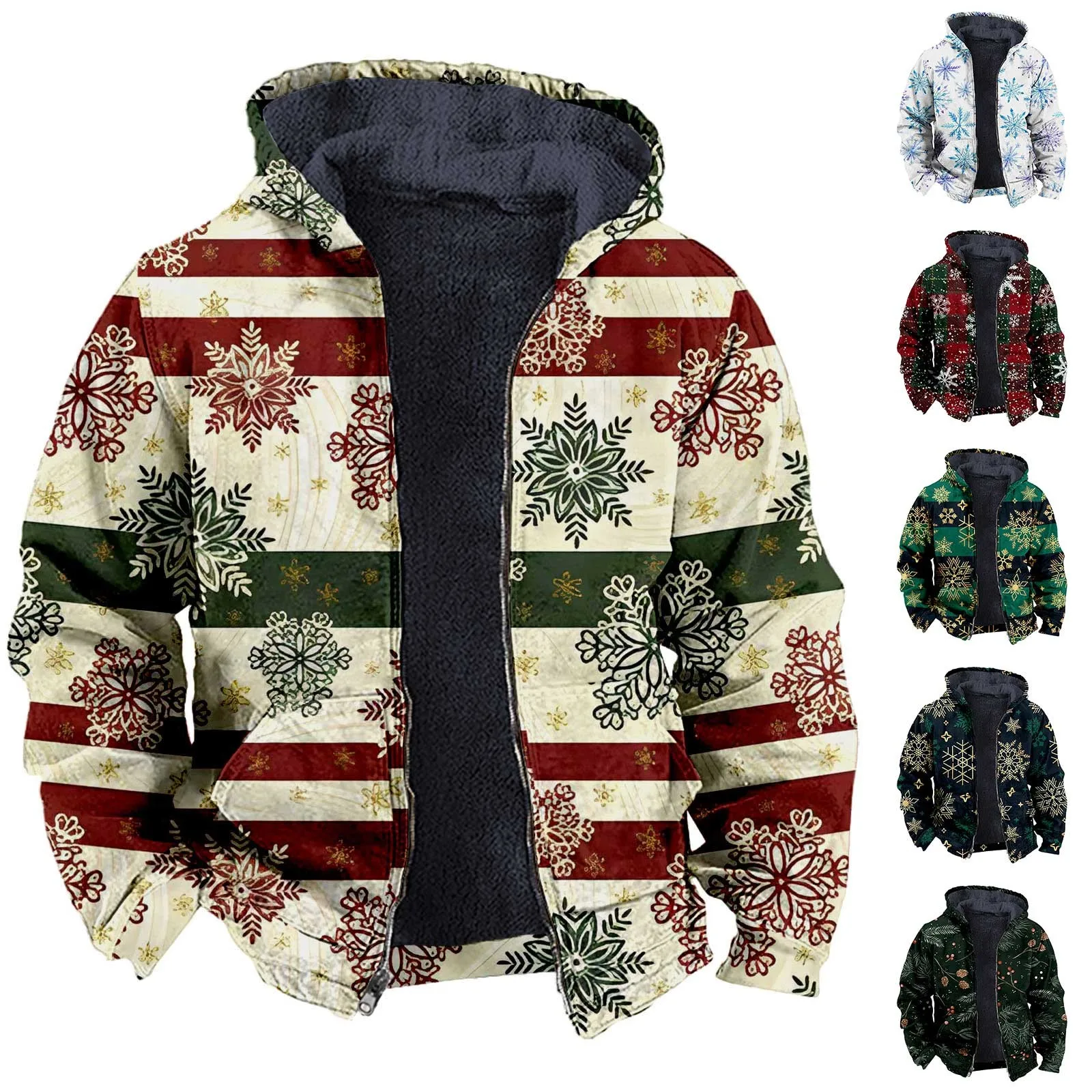 

Mens Christmas simple Snowflake Print Long Sleeved Zippered Double Pocket Hooded Fleece Jacket Mens Tops fleece jacket for male