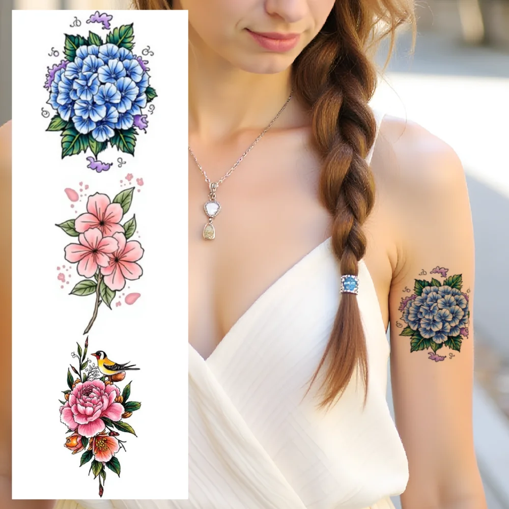

28pcs Temporary Tattoo Lily And Music Notes New School Traditional Owl Face With Floral Elements Blue Hydrangea Flower For