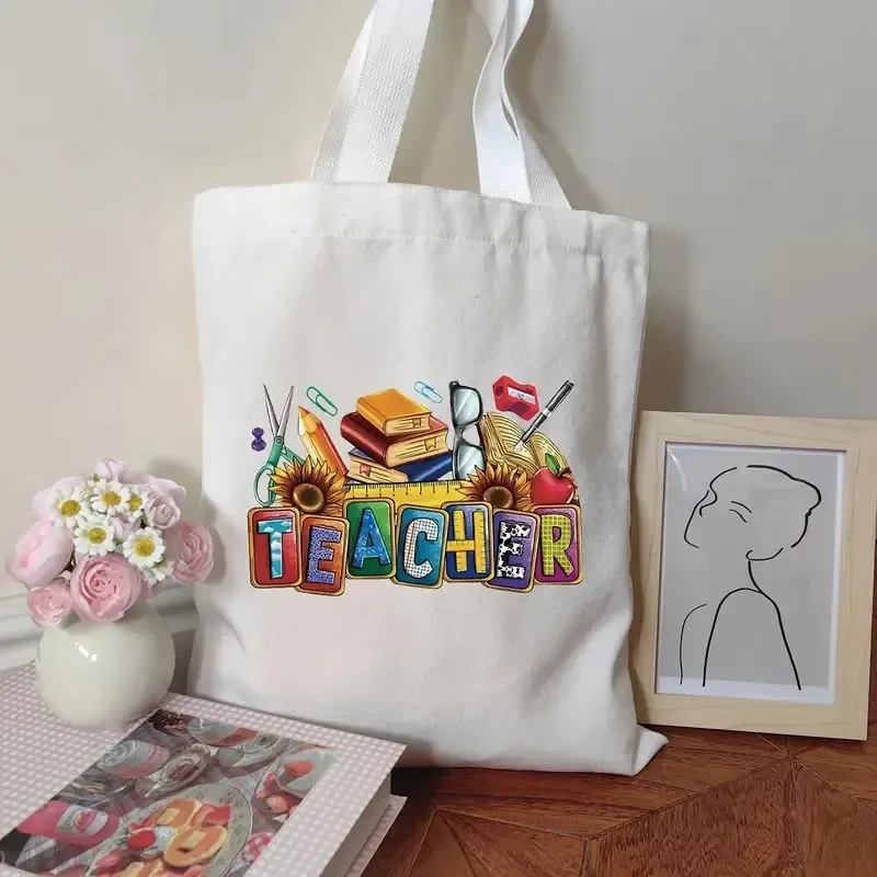 

Teacher Appreciation Canvas Tote Bags Teach Love Inspire & Change The World , Shoulder Handbags for School Gift for Teachers
