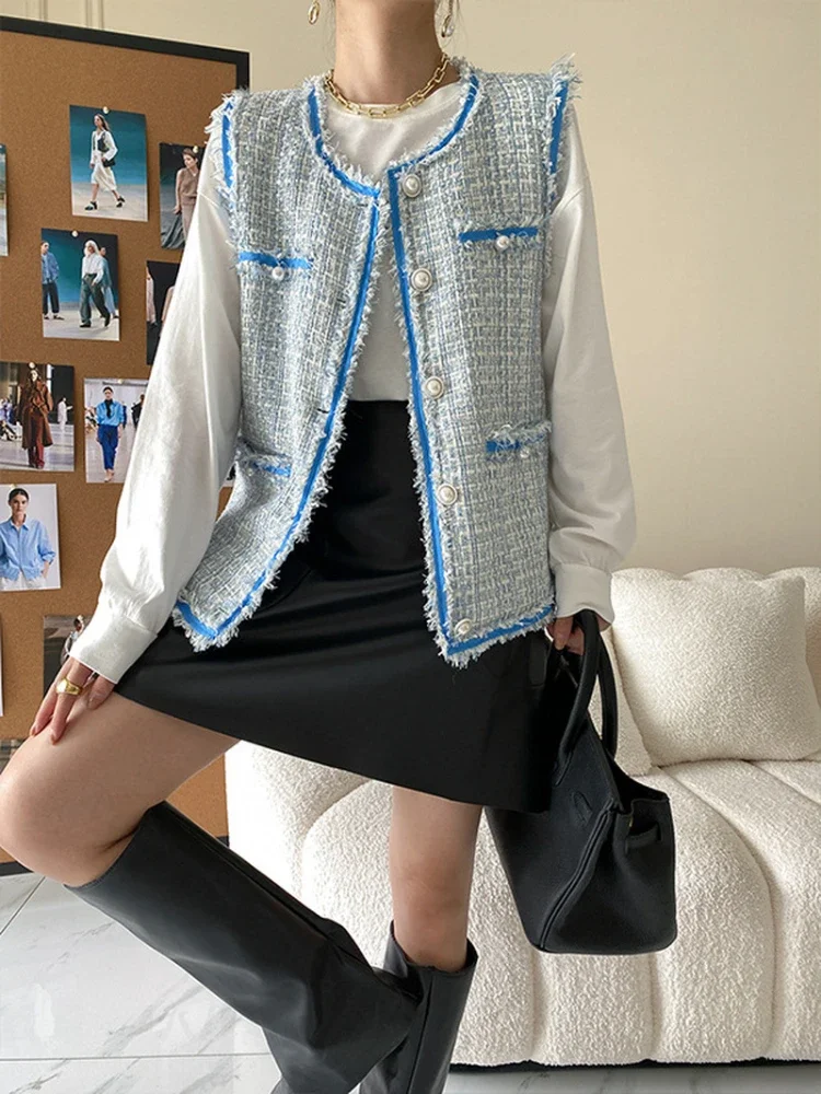 Vintage Elegant Tweed Vest Tops Women V Neck Sleeveless Loose Casual All Match Waistcoat Korean Chic Spring Autumn Jackets