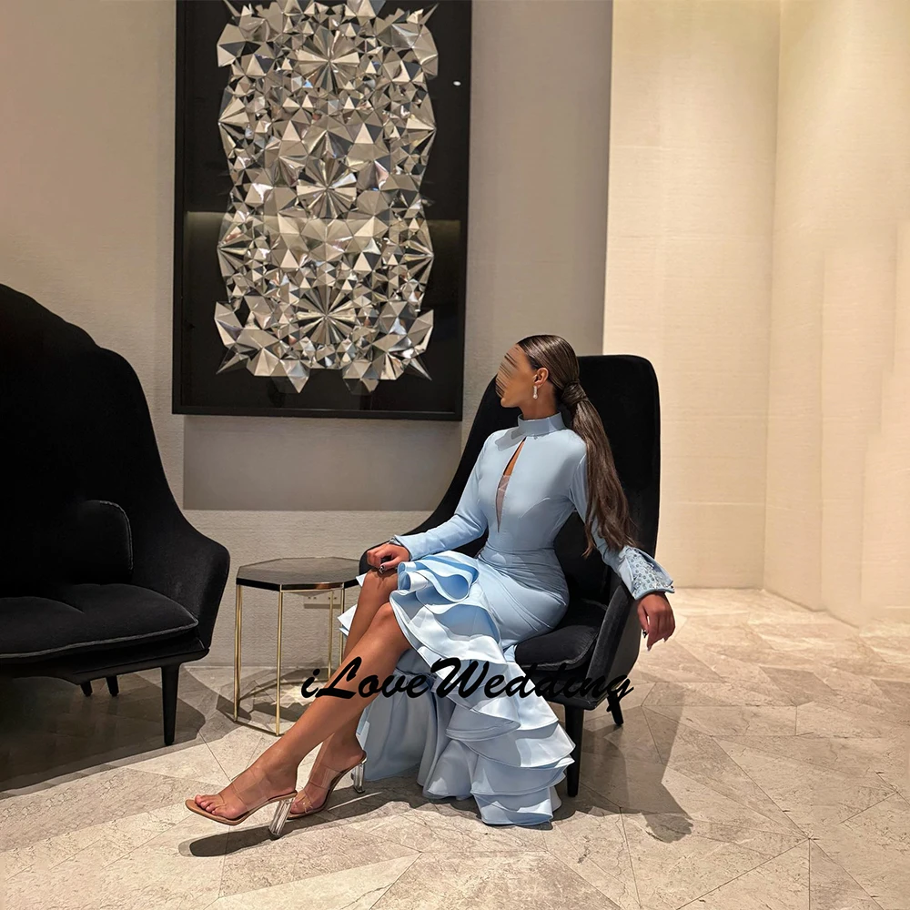 Customized Saudi Arabia Women Evening Dresses 2026 Jersey Sheath Cocktail Party Dress Sky Blue Cocktail Party Ruffles Prom Dress