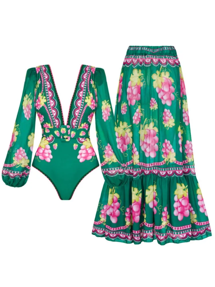 Retro zielony Bikini z nadrukiem jednoczęściowy strój kąpielowy i przykrycie spódnicą obcisłe damskie bandaże letnie plaże eleganckie