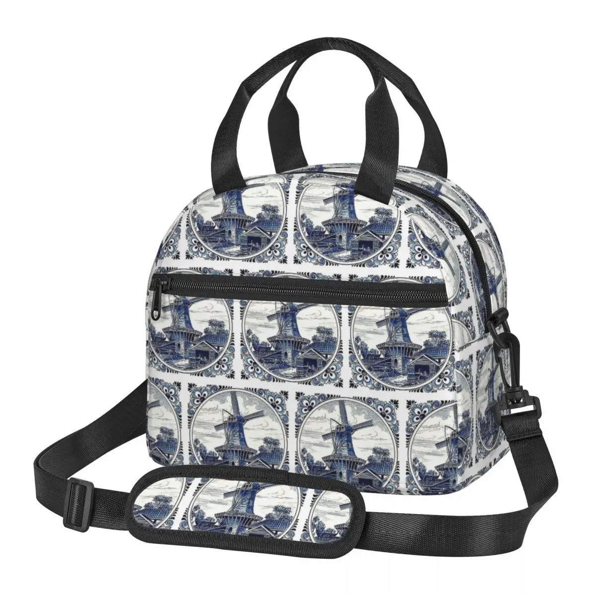 Dutch Blue Delft Vintage Windmill Print Lunch Bags Insulated Bento Box Leakproof Lunch Tote Picnic Bags for Woman Work