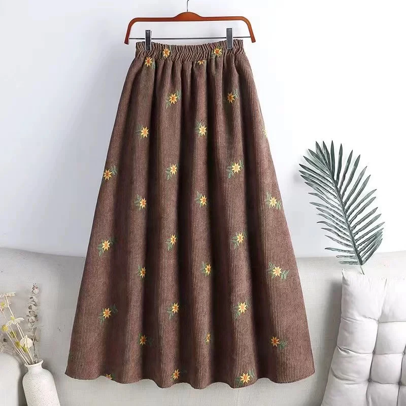 MEXZT Vintage Corduroy Midi Skirts Women Floral Embroidery Black Skirt Winter Japanese Streetwear High Waist Casual A Line Skirt