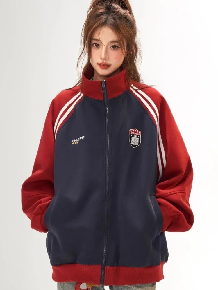 

ADAgirl American Retro Stripe Zip Up Hoodie Sporty Chic Vintage Raglan Sleeve Sweatshirt Oversize Casual Winter Clothes Women