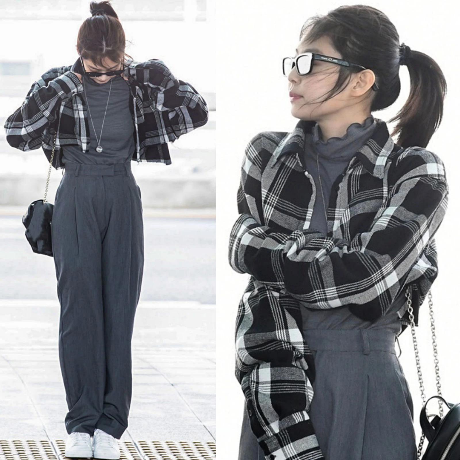 kpop Korean Celebrity retro plaid lapel short shirt +gray Turtleneck long sleeved t shirt loose pants trousers women set