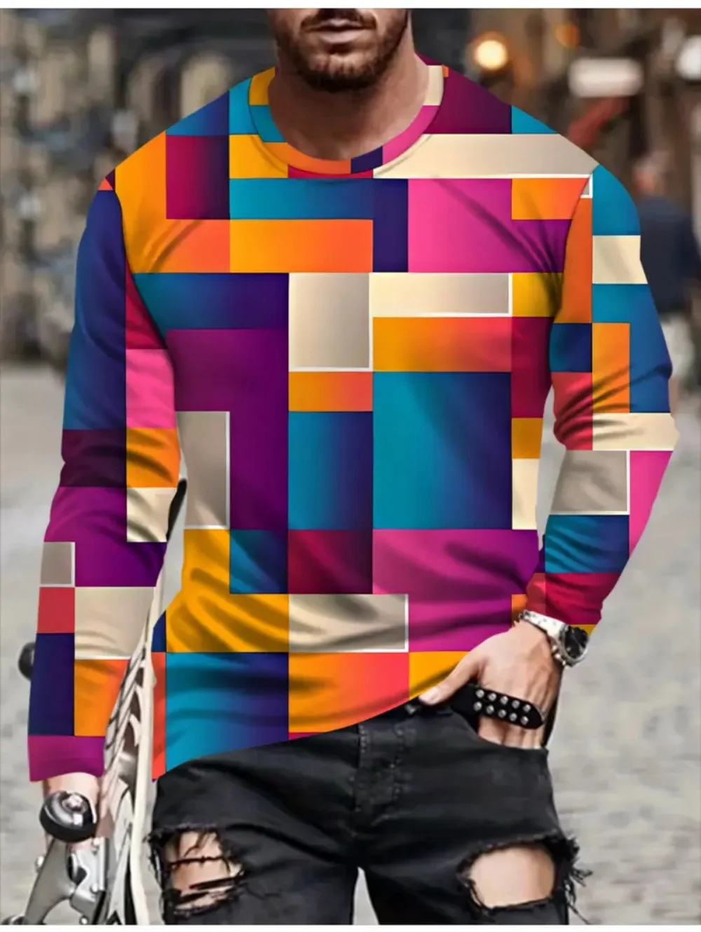 T Shirts for Man Geometric Block 3D Print Autumn Long Sleeve T