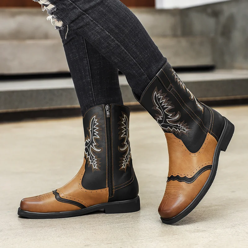 Brand British Style Men's Comfortable Side Zipper High Top Leather Boots Fashionable New Men's Embroidered Pointed Chelsea Boots