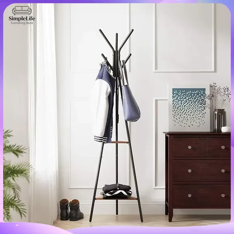 Freestanding Coat Rack with 2 Shelves Hall Tree Entryway Furniture Hat Bag Storage Organizer Living Room Clothes Hanger Stand