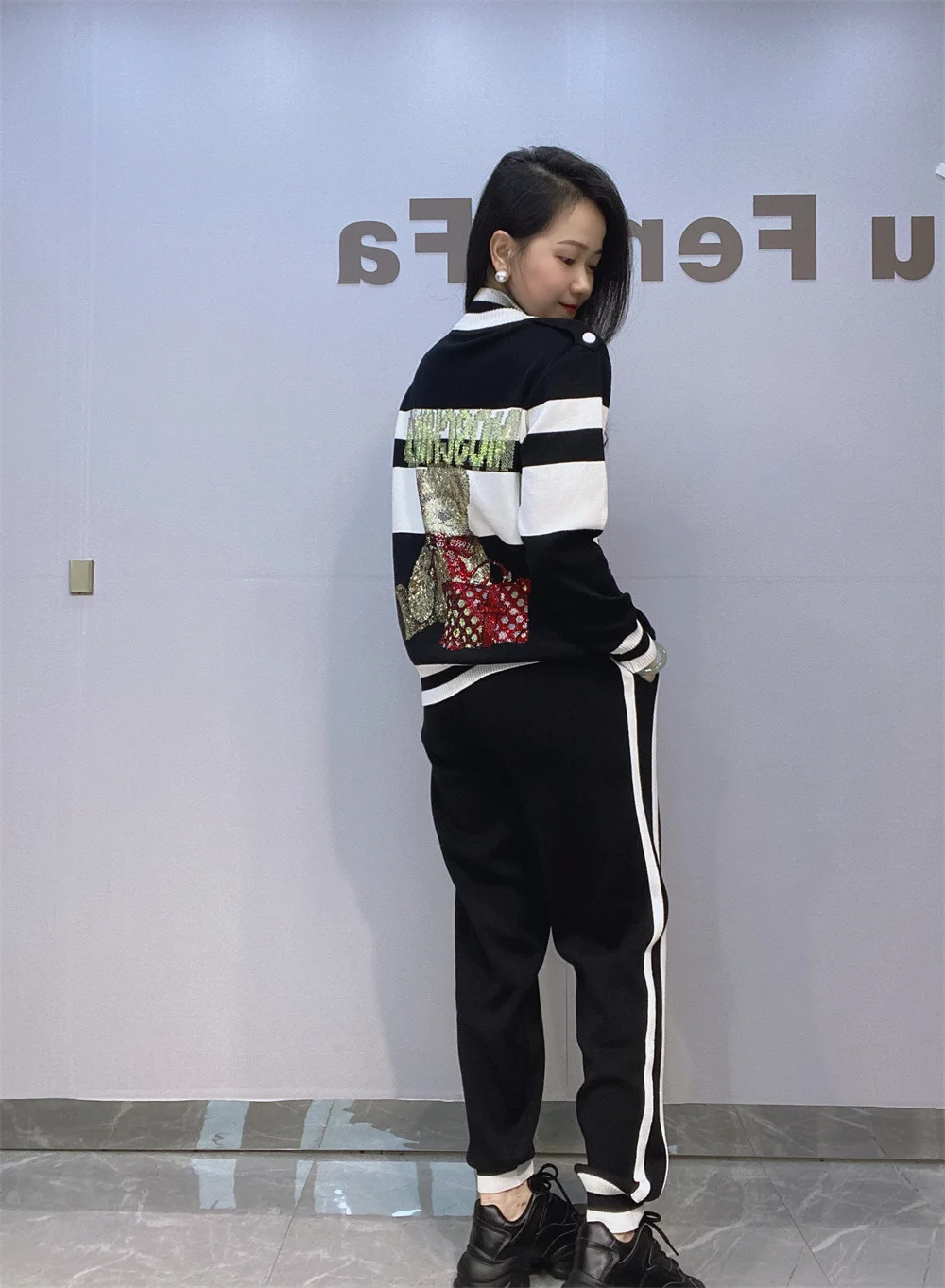 Black White Striped Knitted Pants Sets Women 2024 Autumn Winter Oversized 2 Pieces Sets Casual Zipper Jacket Tracksuit Y2k