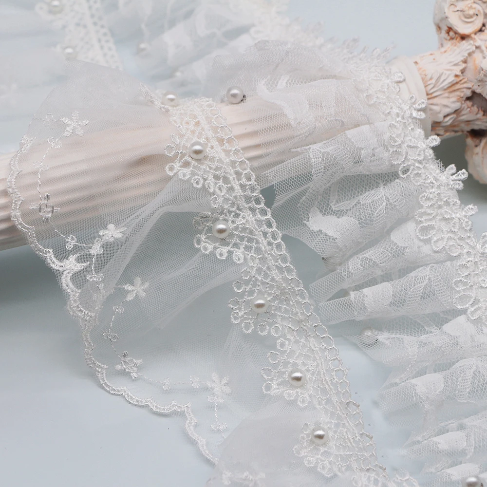

1-ярдовая многослойная плиссированная кружевная одежда с жемчугом, украшенная жемчугом, одежда «сделай сам», свадебное платье, головные уборы, отделка детской одежды