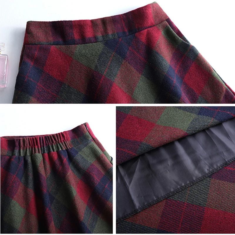 High Waist Plaid Woolen Skirt Women Korean Fashion Elastic Autumn Winter Long Skirts Oversized Loose Pocket Casual A-Line Skirt