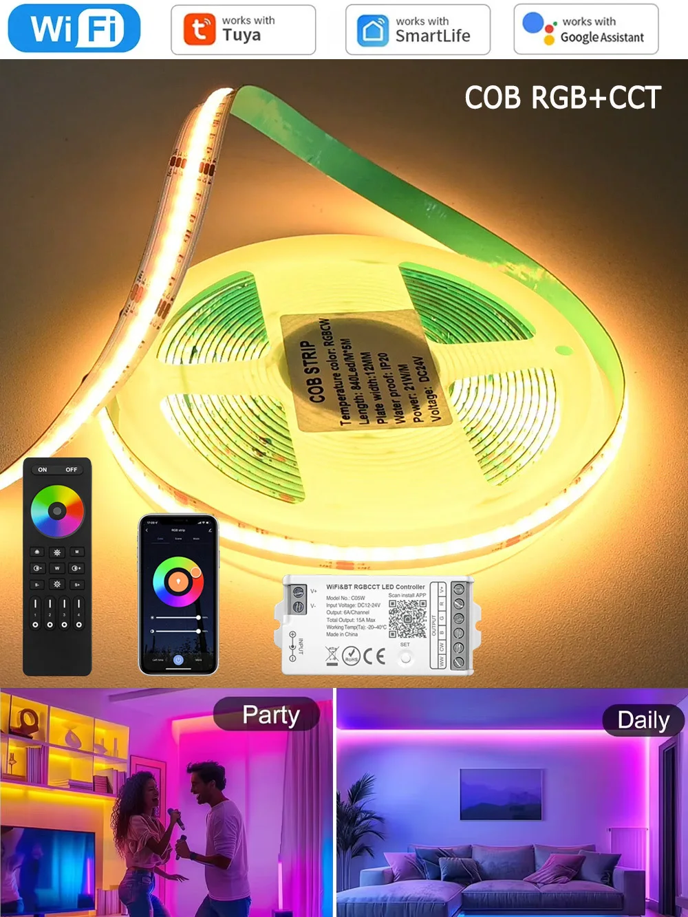 5M 10M 20M Tuya WiFi COB RGB+CCT LED-Streifen 24V Farbwechsel Dimmbar Raumdecke Partybeleuchtung Deko RF-Fernbedienung für Alexa Google