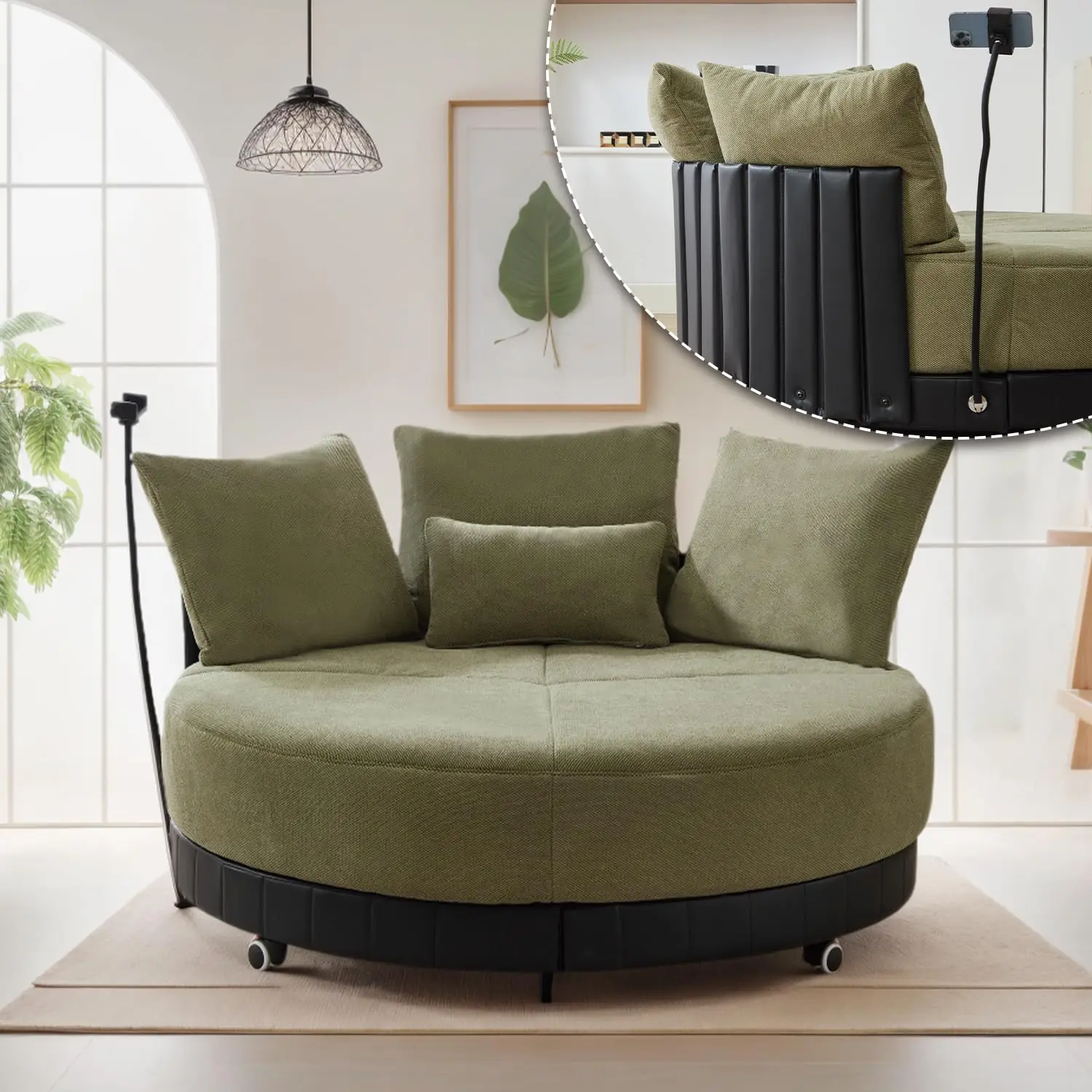 52.75'' Oversized Swivel Accent Chair, 360° Round Sofa Chair with 3 Pillows and Metal Swivel Base, Swivel Barrel, Customized